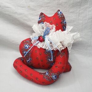 Handmade Small Vintage Pillow Cat Red Floral Fabric Lace Rose Cottage